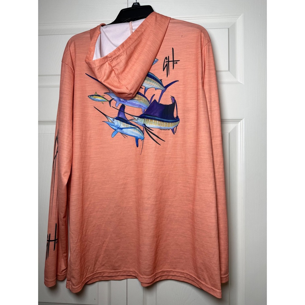 Guy Harvey Mens‎ Performance Fishing Sun Hoodie Coral Orange Marlin Graphic L